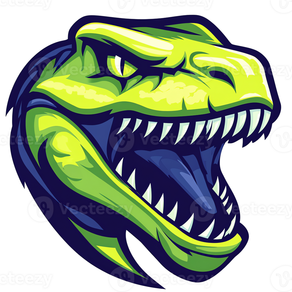 Cartoon dinosaur head on transparent background a green and blue t rex mascot png