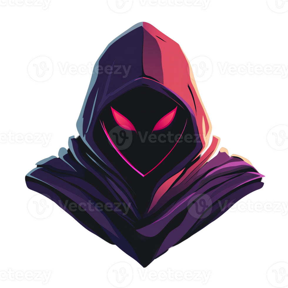 Mysterious hooded figure with glowing red eyes on transparent background perfect for game assets profile pictures and more png
