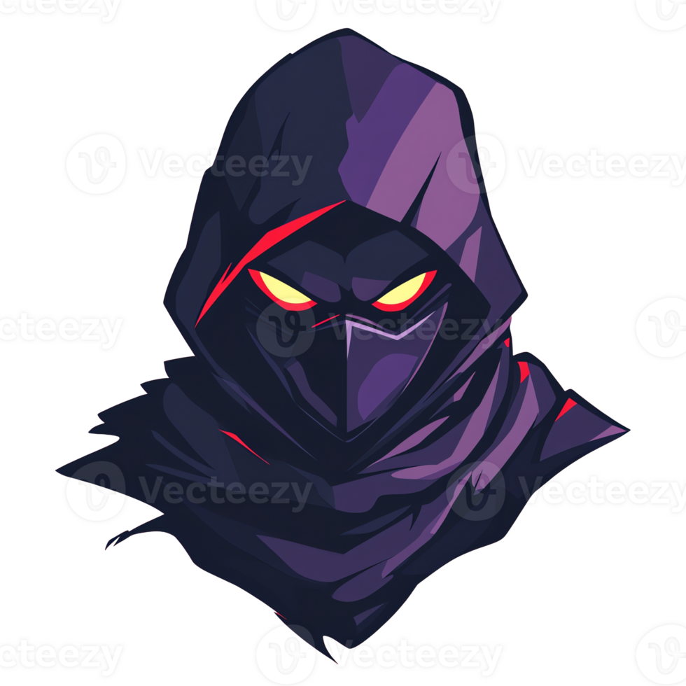 Mysterious dark sorcerer with glowing red eyes and hooded cloak on transparent background png