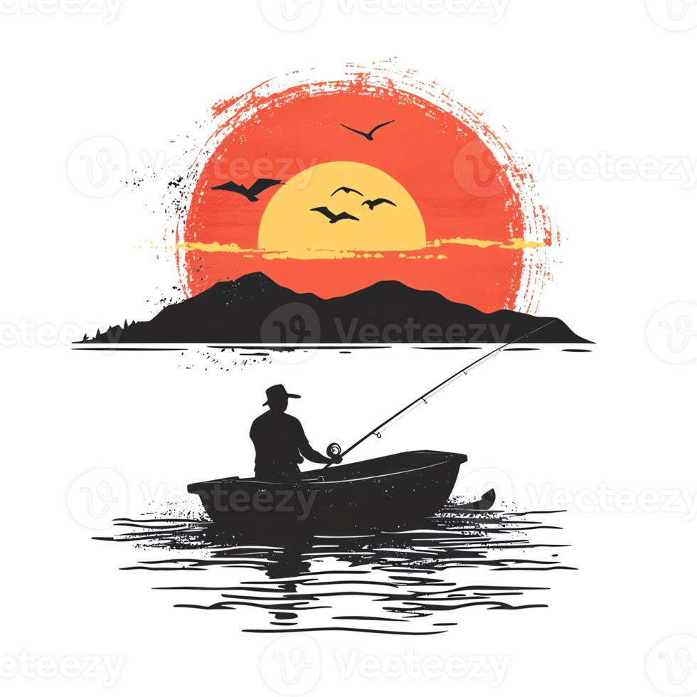Serene sunset fishing scene with silhouette reflection and tranquil water on transparent background png