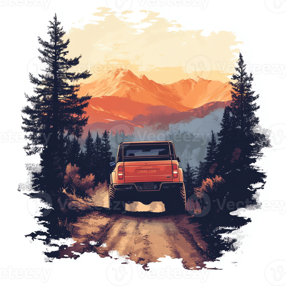 Orange 4 x 4 car driving into wilderness landscape with sunset silhouette on transparent background png