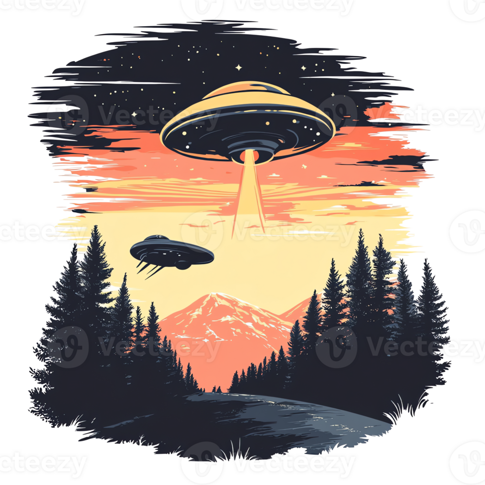 Uf os hovering over forest landscape at sunset a sci fi illustration on transparent background png