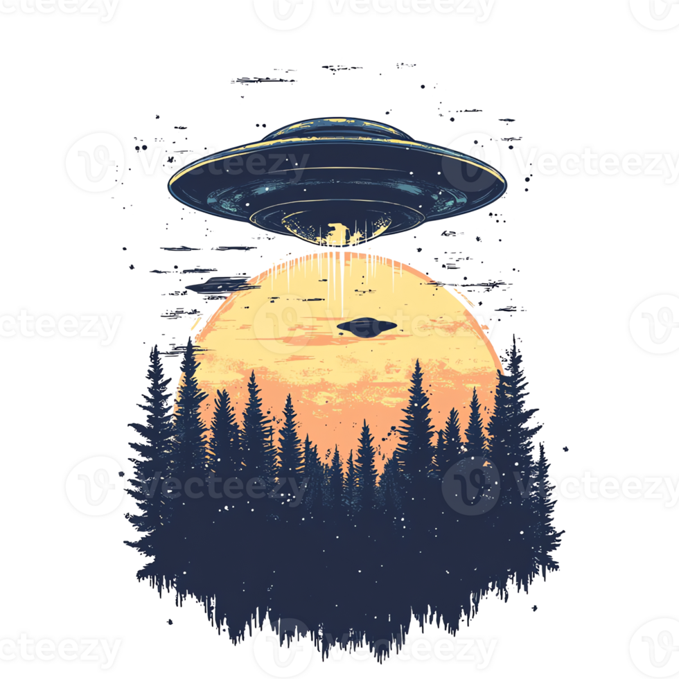 an alien spaceship flying over a forest with trees png