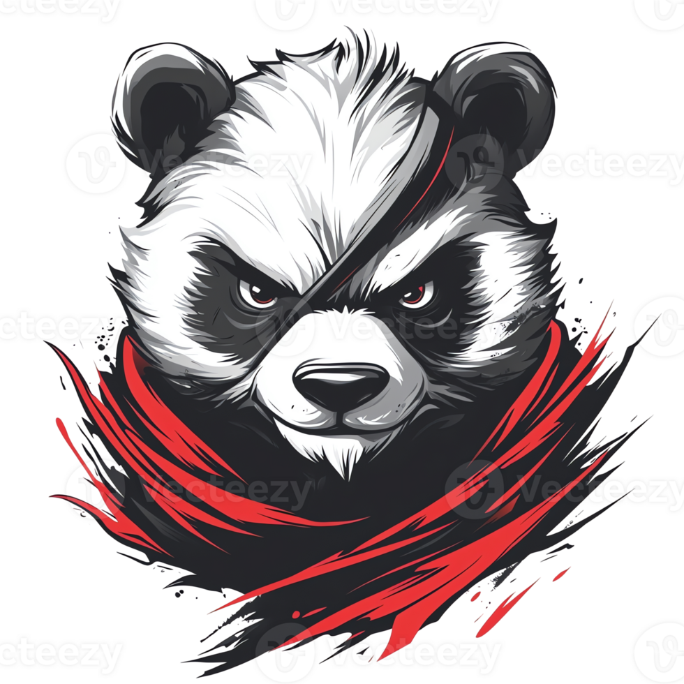 Fierce panda with eye patch and red scarf on transparent background png