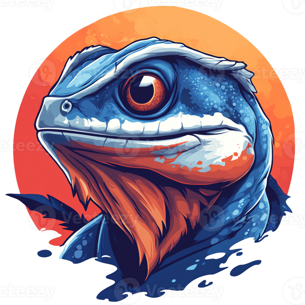 A stunning close up portrait of a blue gecko against a vibrant sunset background on a transparent background png