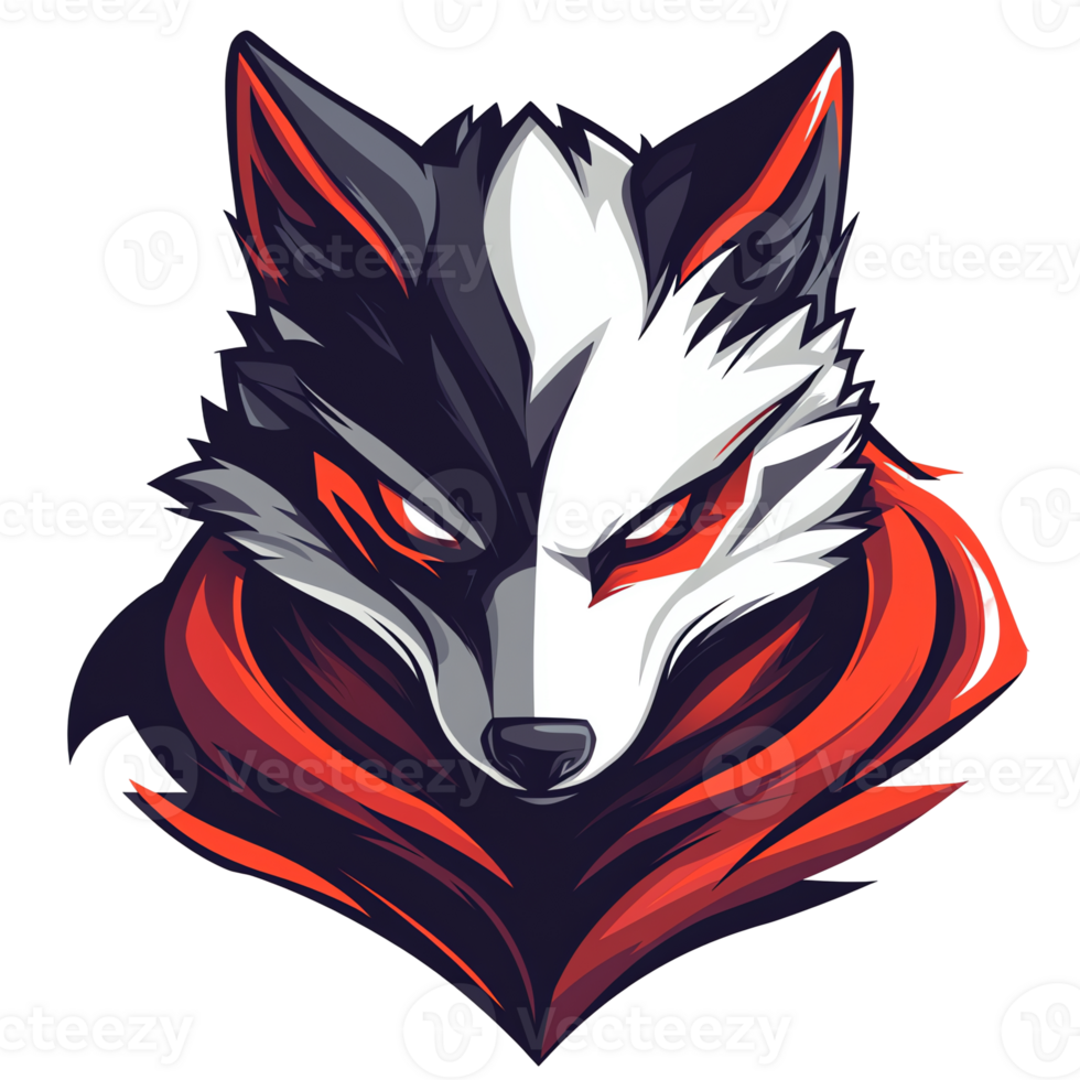 Aggressive red and white wolf mascot logo design for gaming and esports on transparent background png