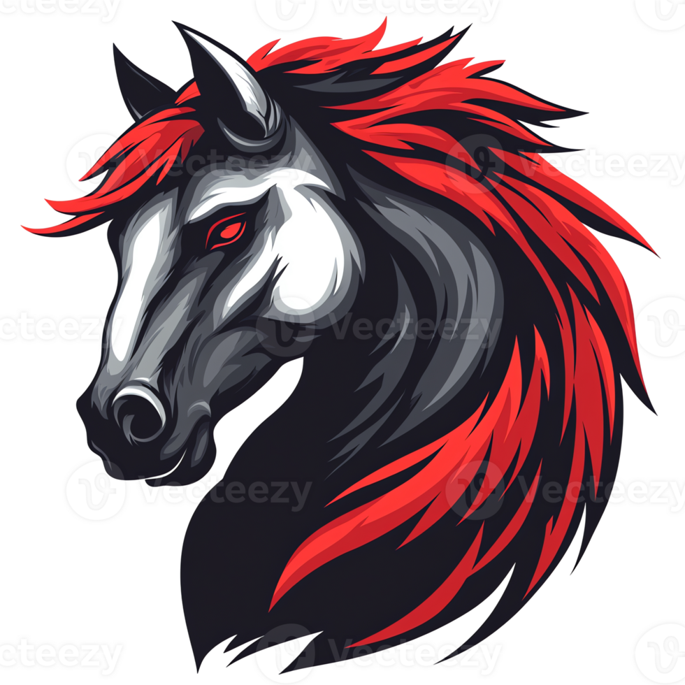 Fierce stylized horse head with red mane and tail on transparent background png