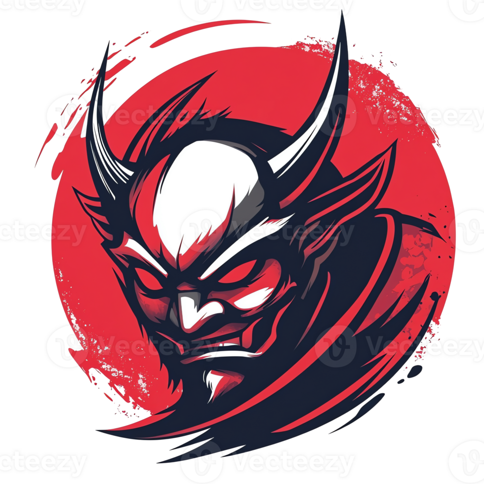 Fierce oni mask logo design on red circle transparent background png