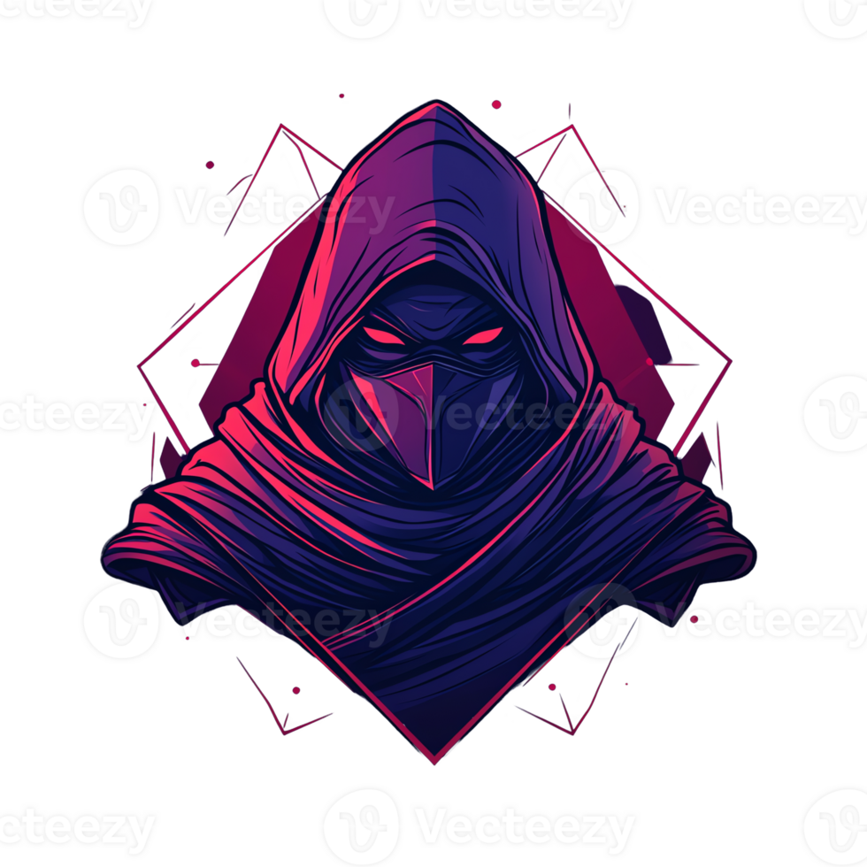 Mysterious hooded figure with glowing eyes on transparent background digital fantasy art png