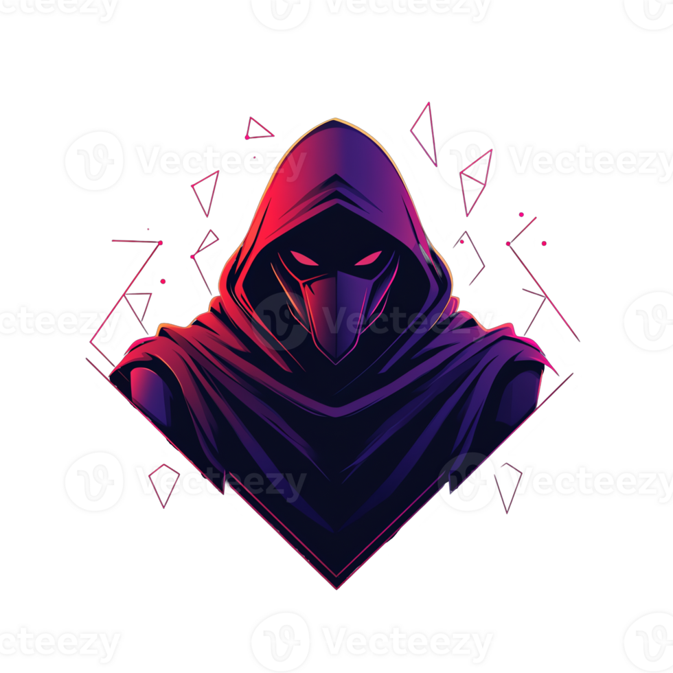 Mysterious hooded figure with glowing eyes on transparent background png