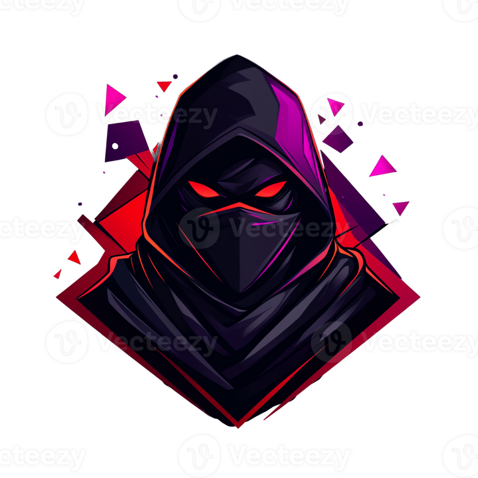 Mysterious ninja gaming logo with glowing red eyes on transparent background png