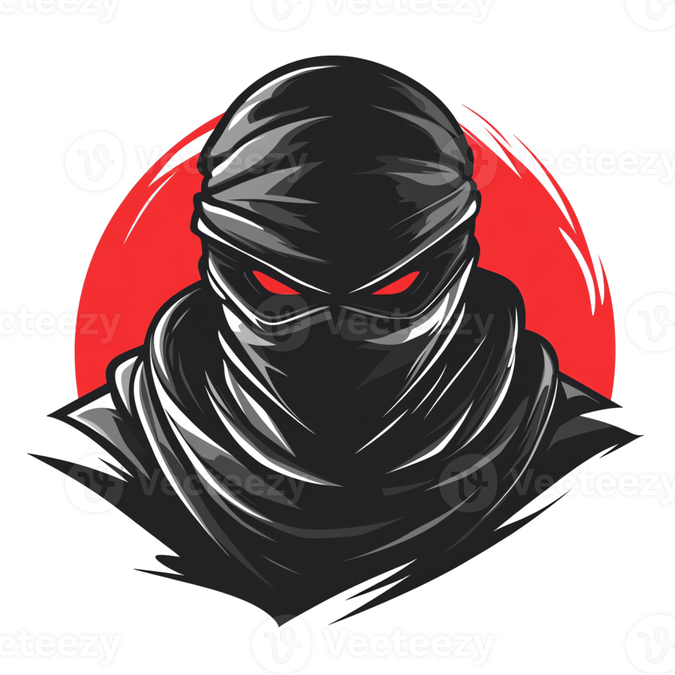 Mysterious ninja warrior with glowing red eyes against a red sun on transparent background png