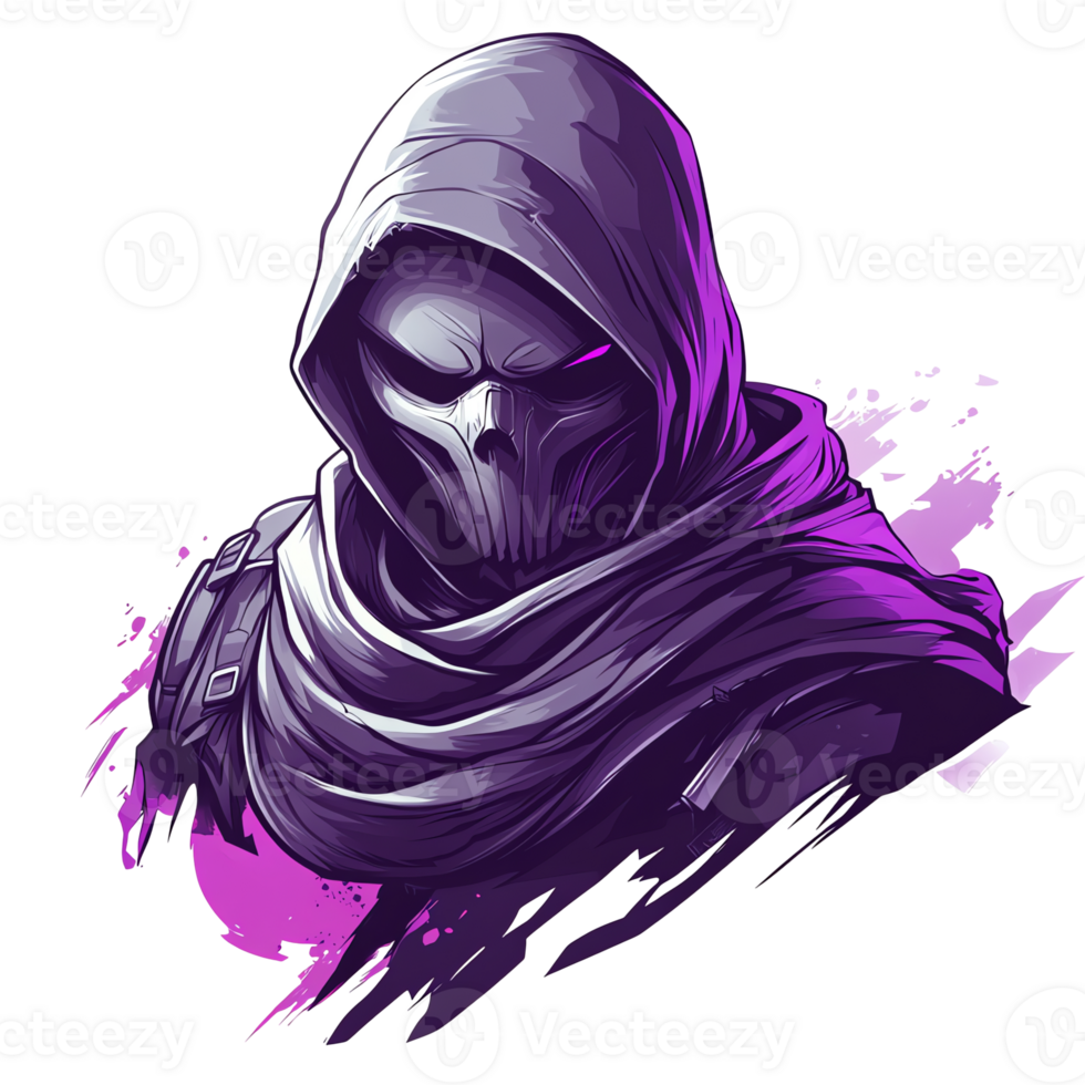 Mysterious hooded figure in purple and pink on transparent background digital art illustration png