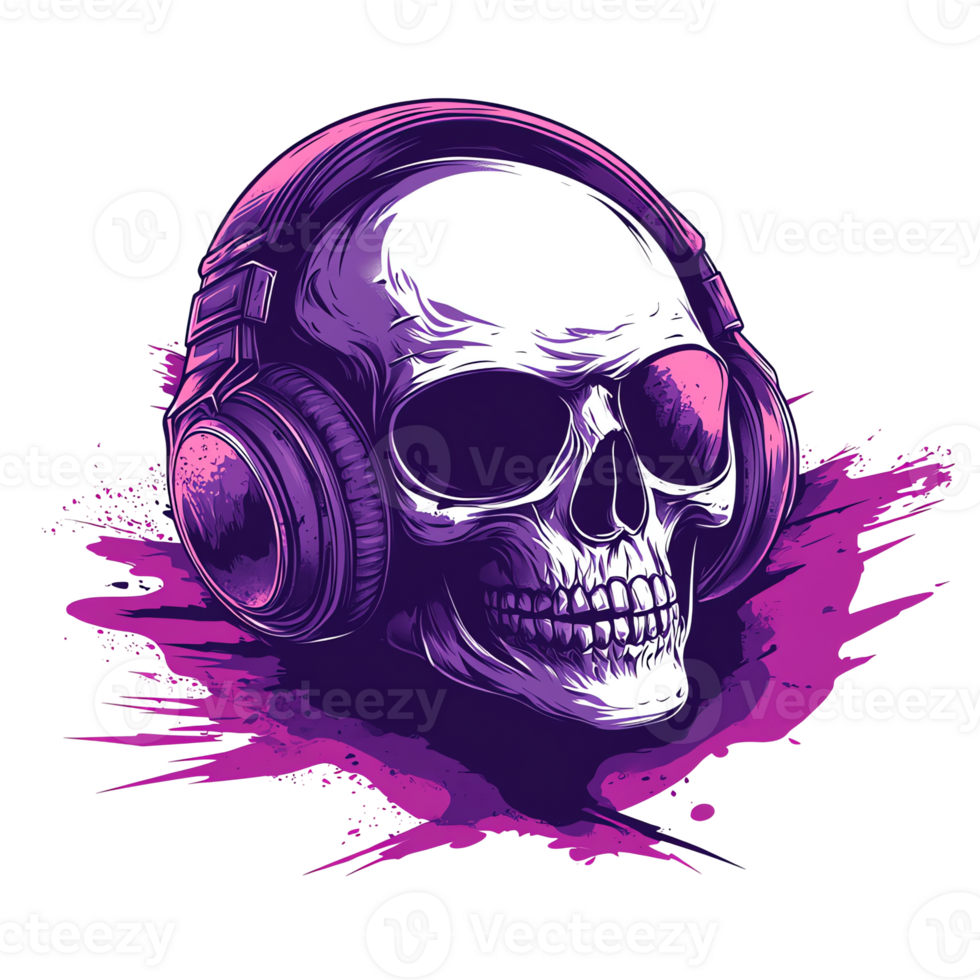 Stylized skull wearing headphones on transparent background a dark and edgy music theme png