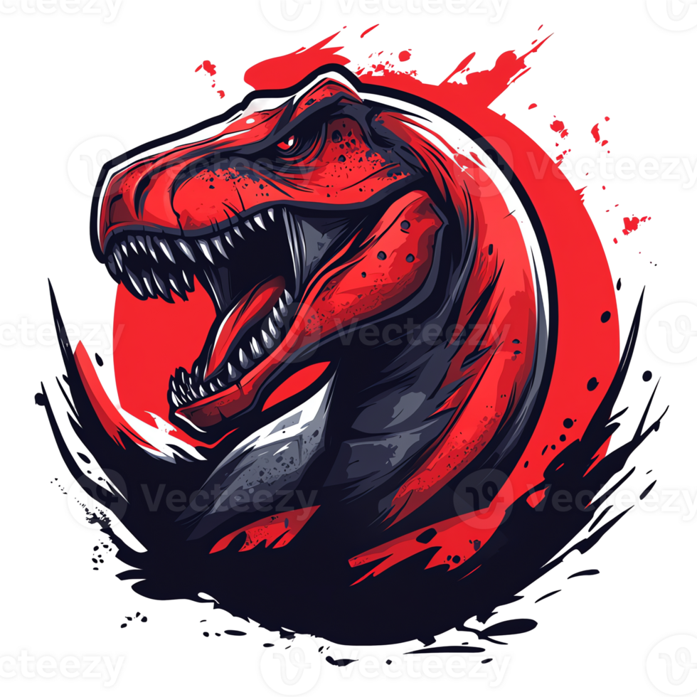 Fierce red t rex roaring against a dark red sun on transparent background png