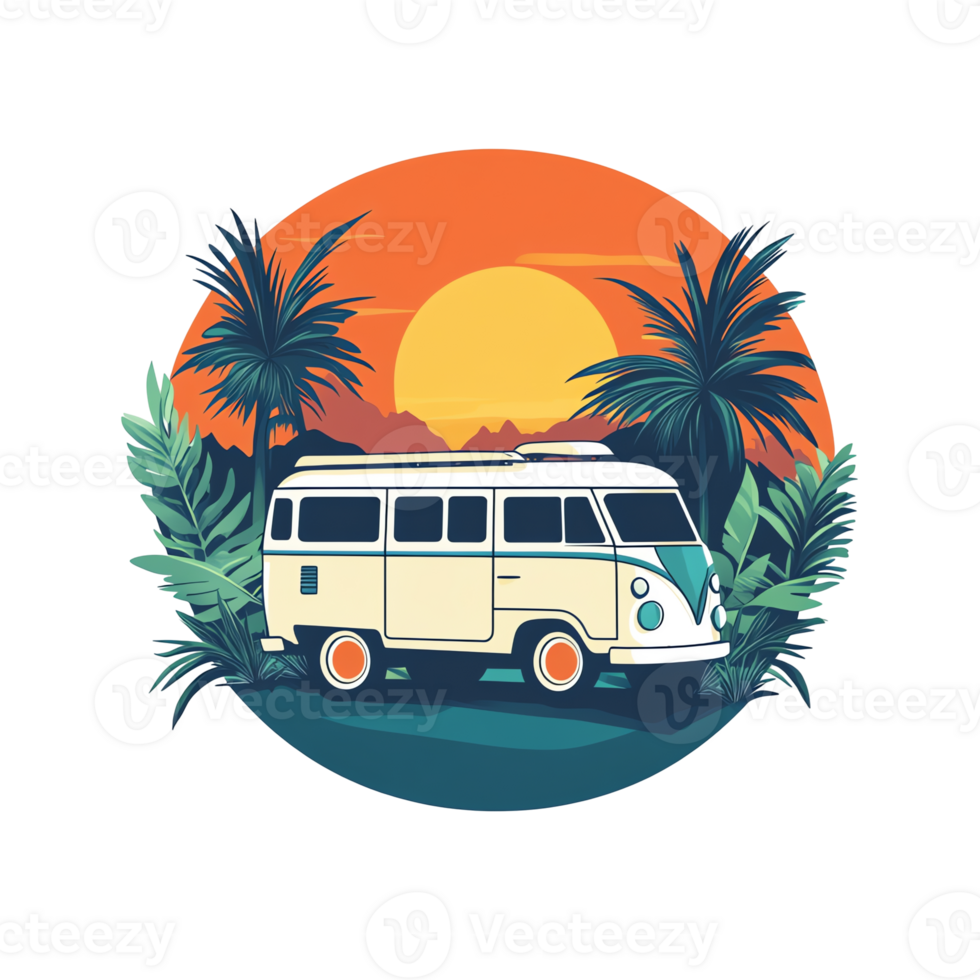 vintage van with palm trees and sunset on background t shirt design png
