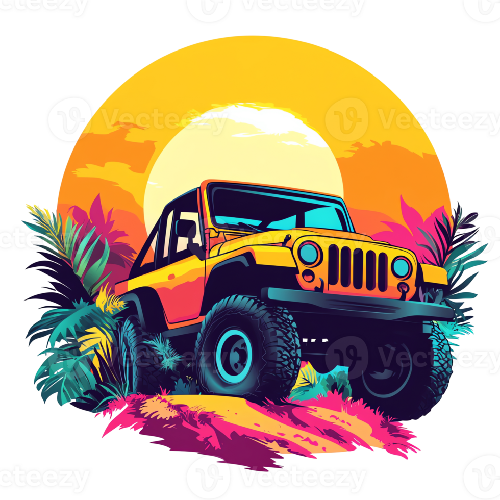 an orange jeep driving through the jungle at sunset png
