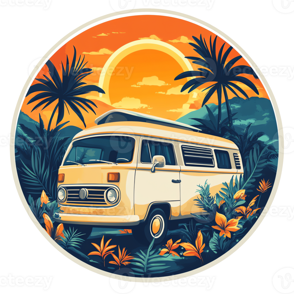 vw camper van in the jungle, with palm trees and a sunset png