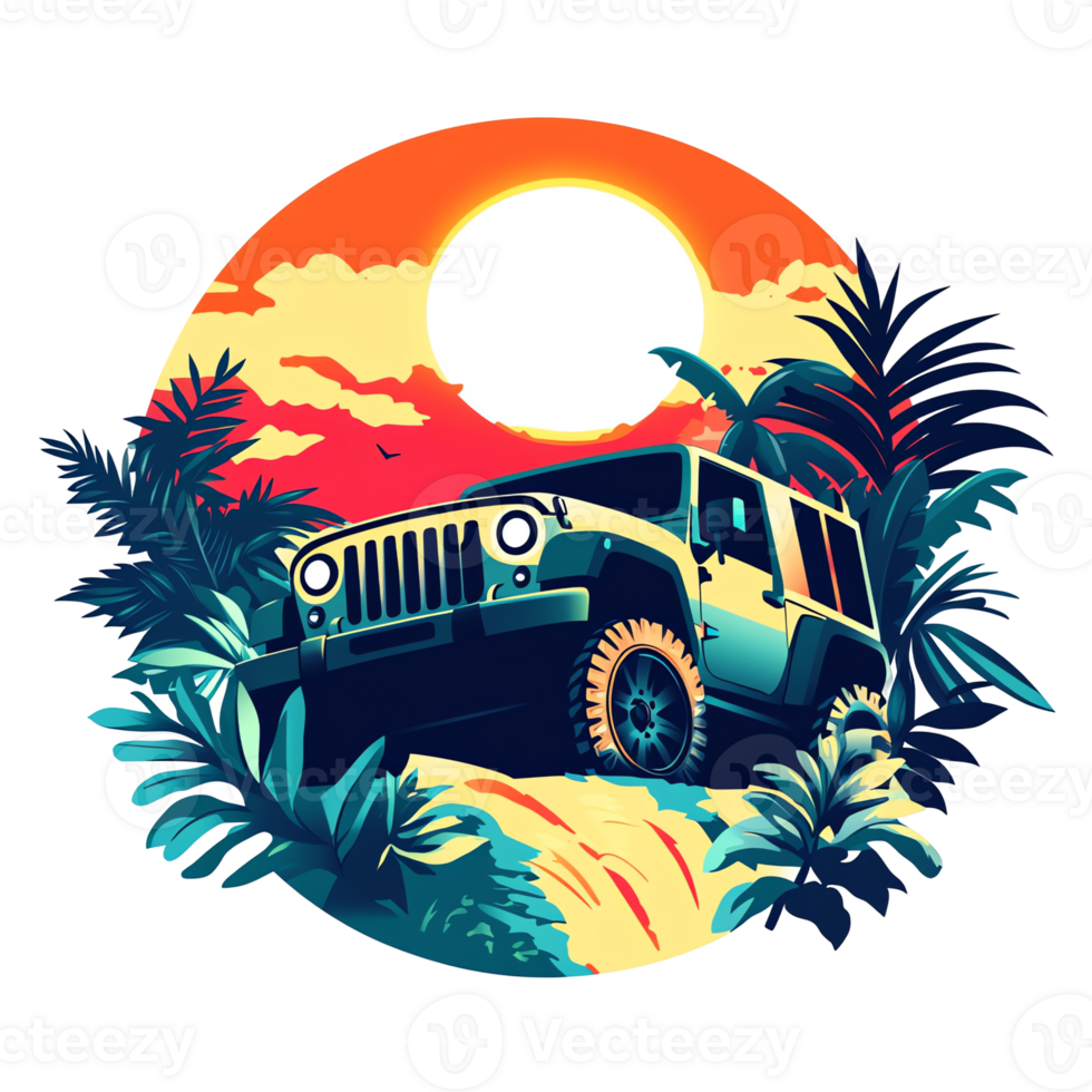 an image of a jeep driving through the jungle at sunset png