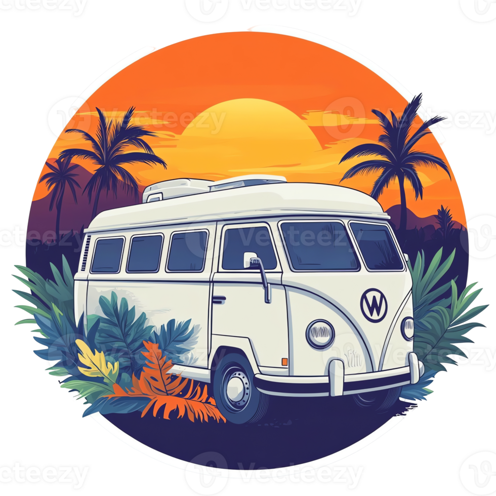 van in the sunset with palm trees and a sunset png