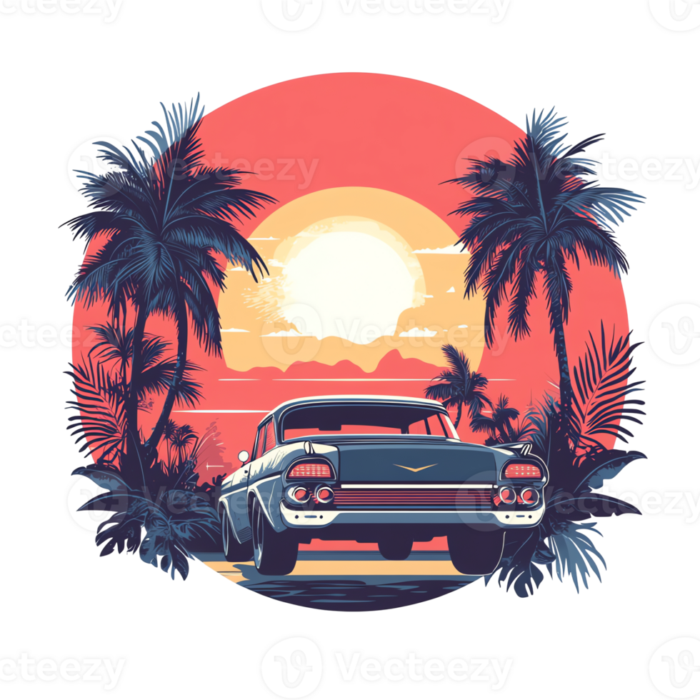 retro car on the beach with palm trees and sunset png