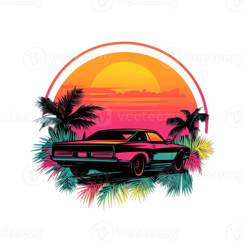 retro car with palm trees and sunset on a transparent background png