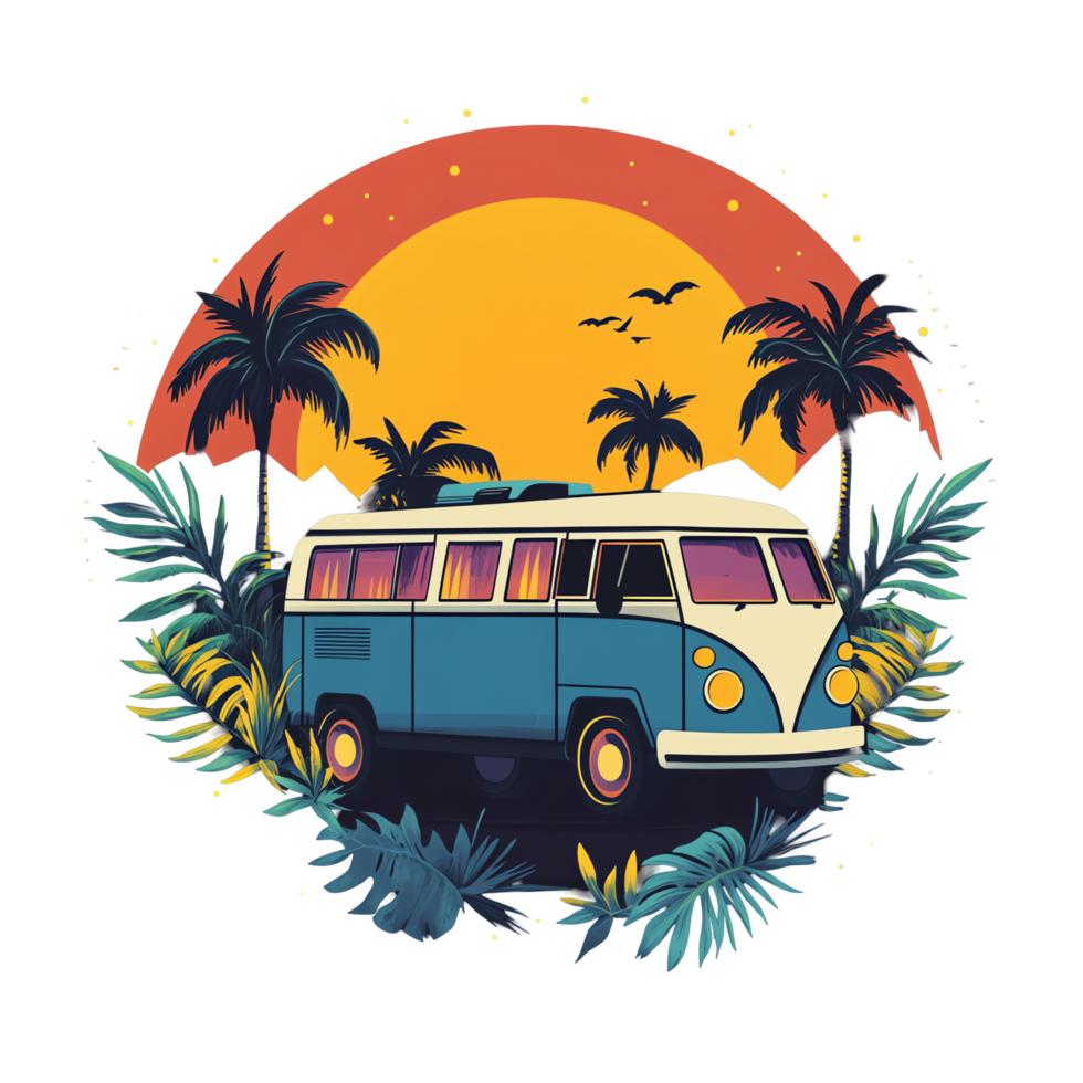 vw bus in the sunset with palm trees and palm trees png