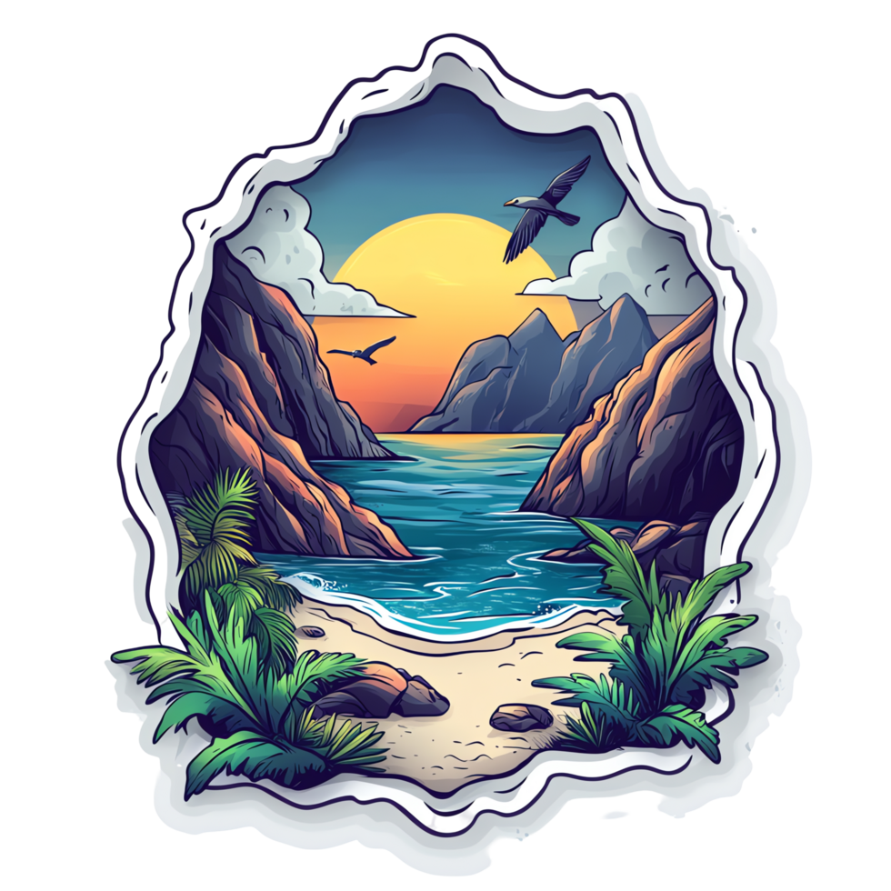 a cartoon style image of a beach and mountains png
