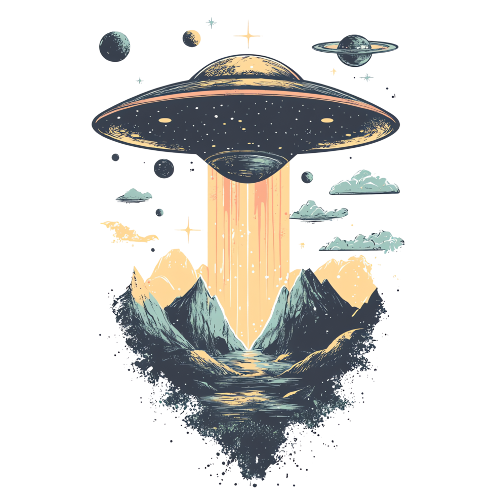 an alien spaceship flying over mountains and clouds png