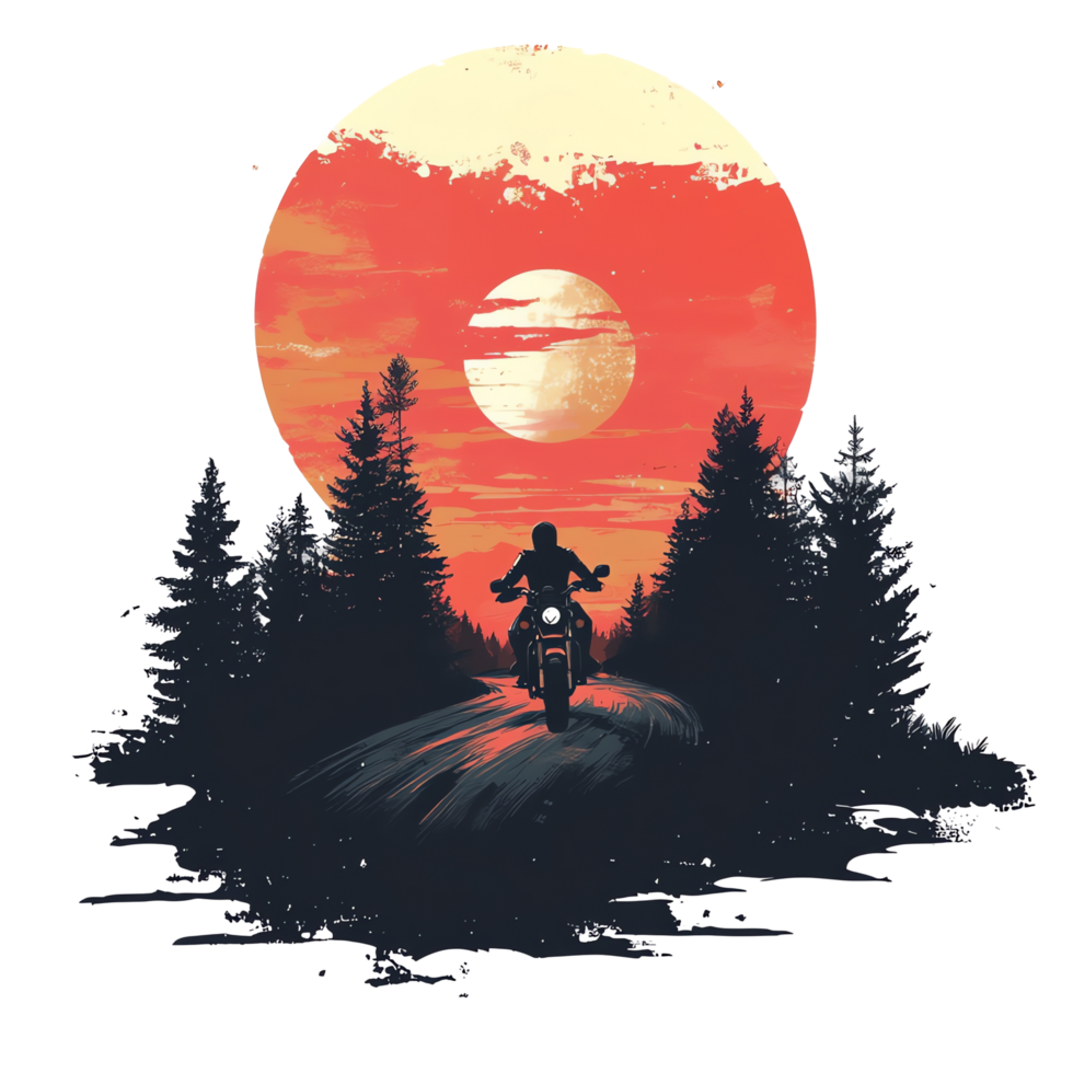 a motorcycle rider riding through the forest at sunset png