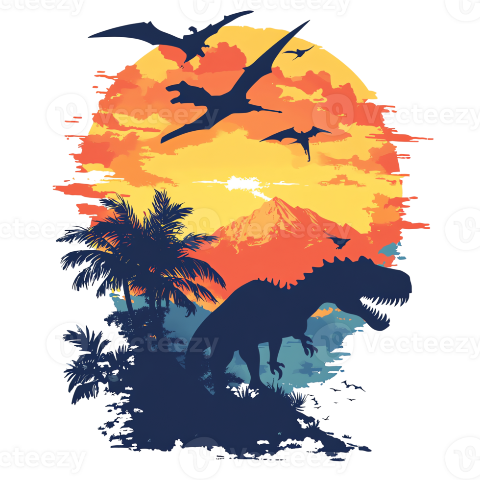 dinosaur silhouette with sunset and birds on the background png
