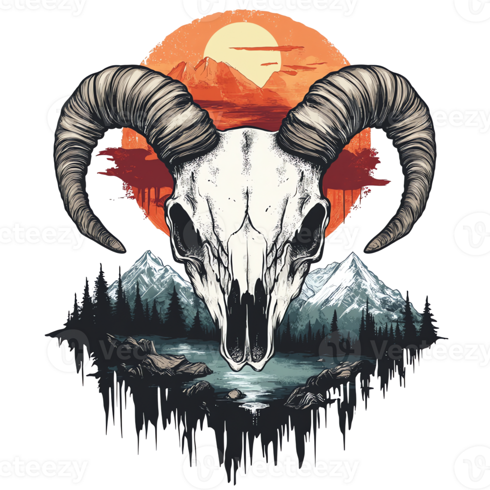a ram skull with horns and mountains in the background t shirt concept png