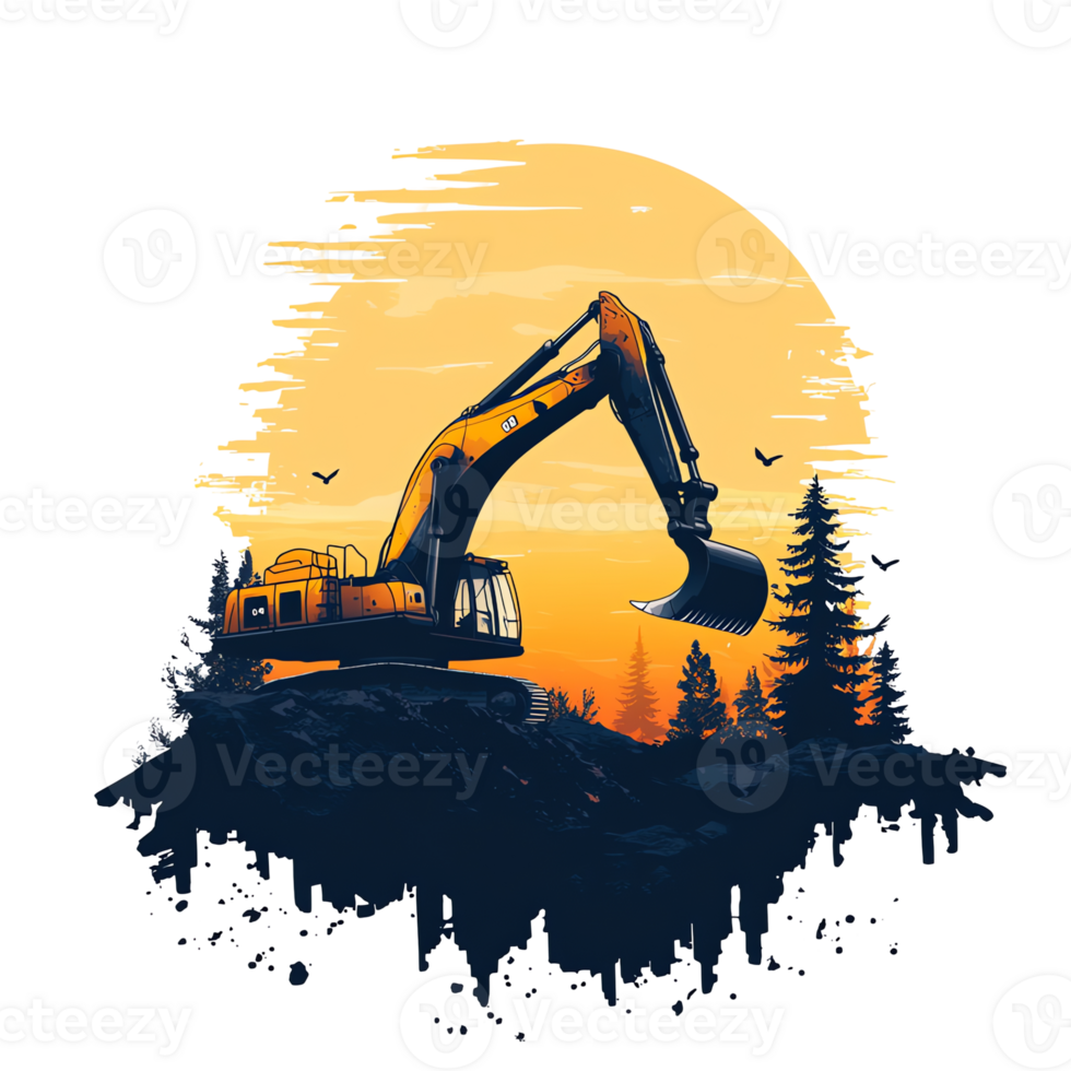 an excavator on a hill with trees and a sunset png