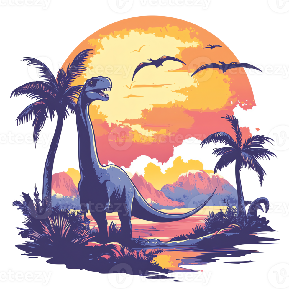 an illustration of a dinosaur in the sunset with palm trees png