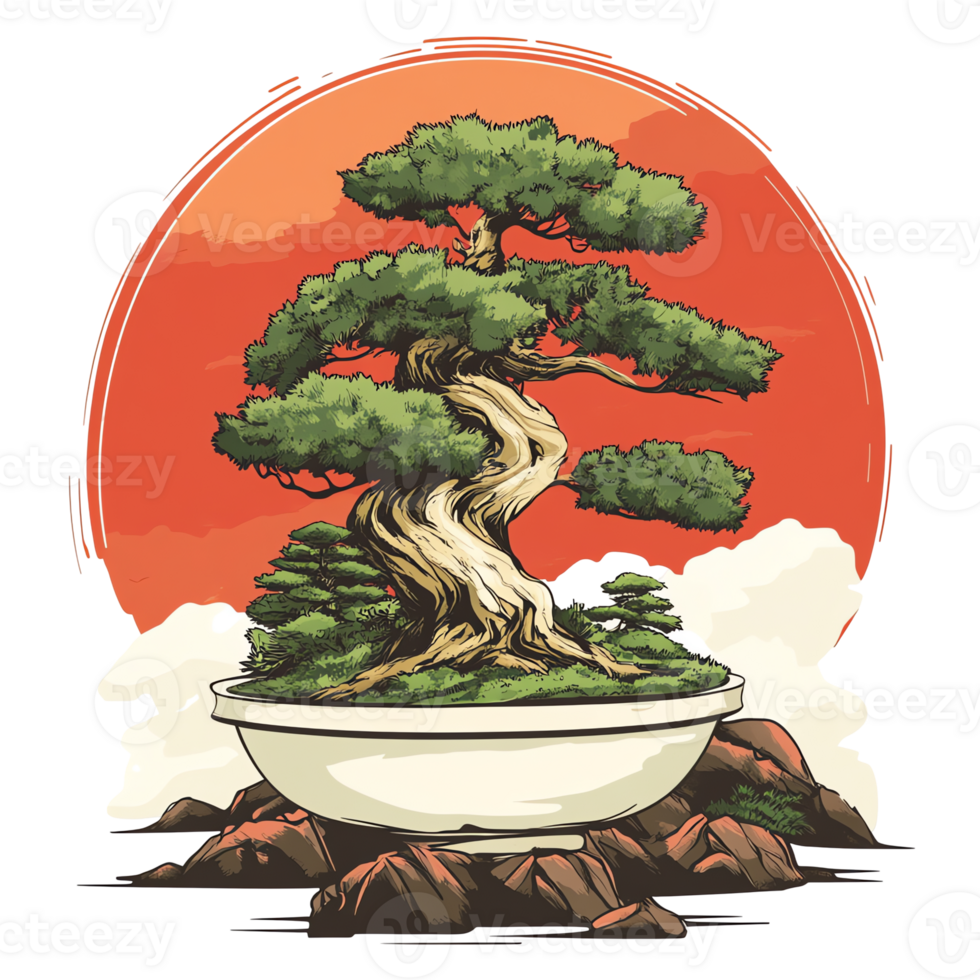 bonsai tree in a bowl with rocks and a sunset png