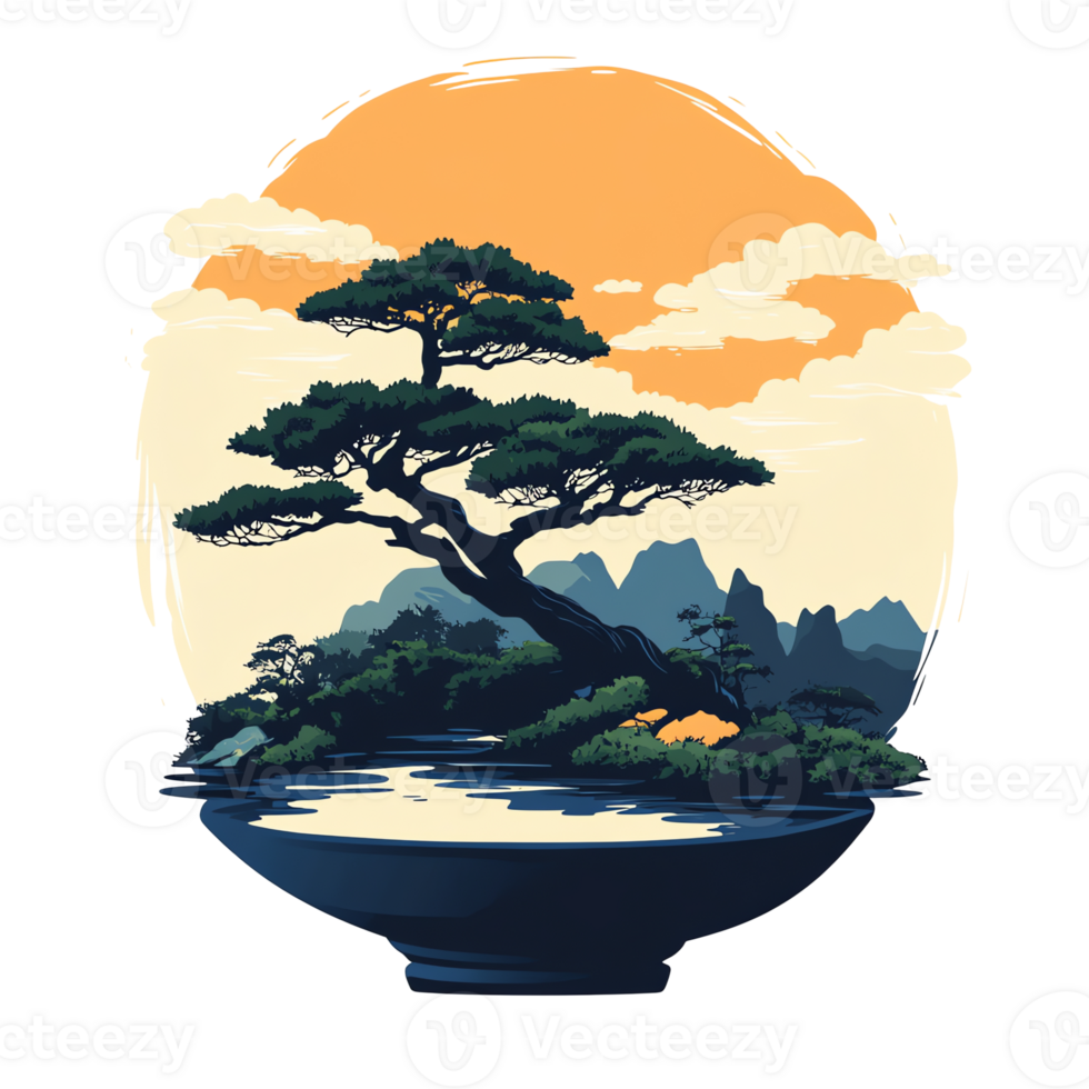 an illustration of a bonsai tree in a bowl png