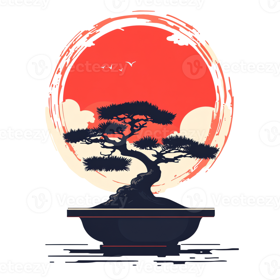 bonsai tree in a pot on a table with a red sun png