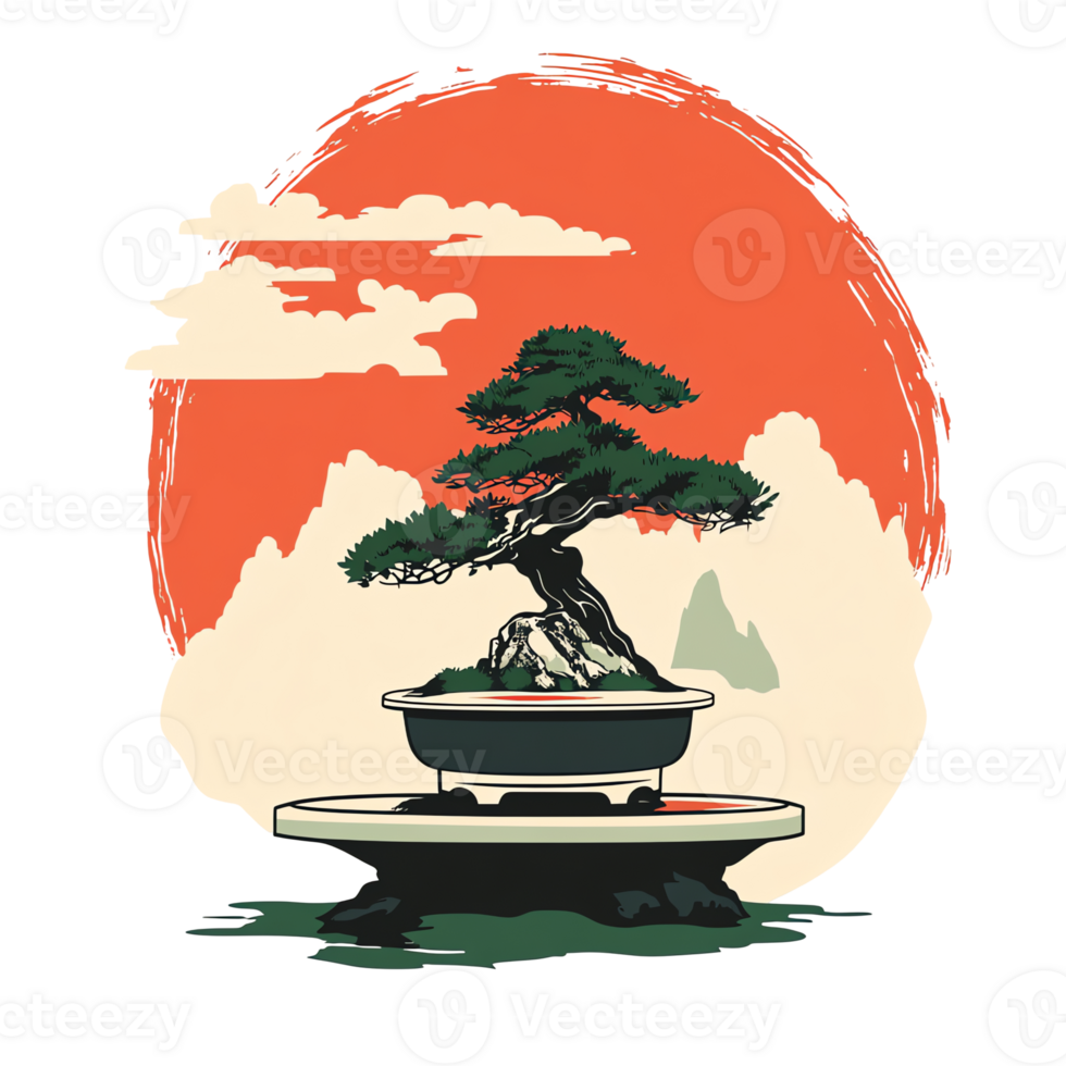 bonsai tree in a pot on a table with a sunset in the background png