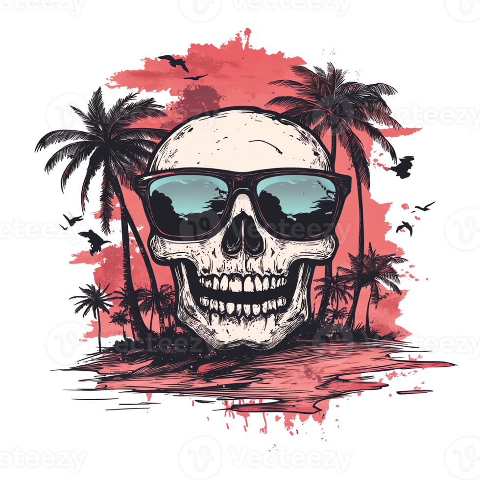 skull with sunglasses on the beach with palm trees png