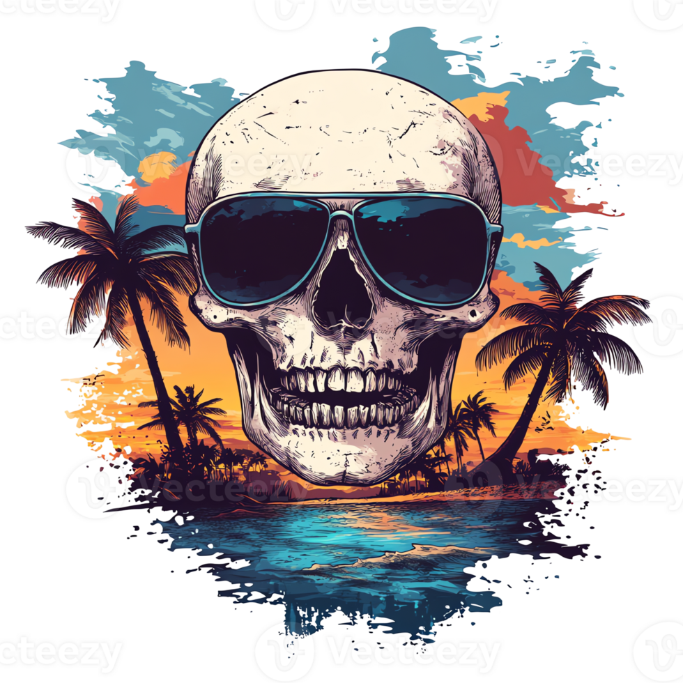 skull with sunglasses and palm trees on a beach png