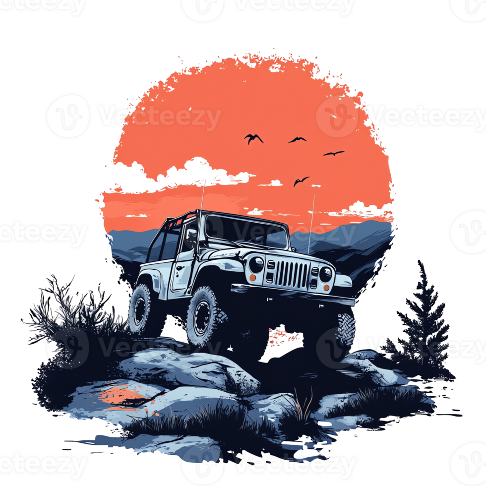 jeep on rocks in the mountains with sunset png