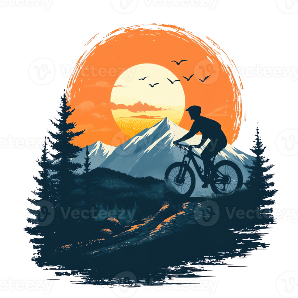 mountain bike rider on a trail in the mountains, with a sunset in the background png