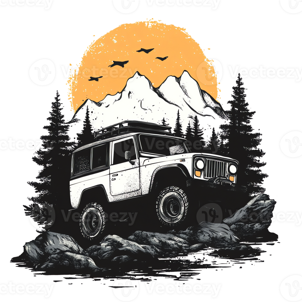 an off road vehicle in the mountains with trees and mountains png