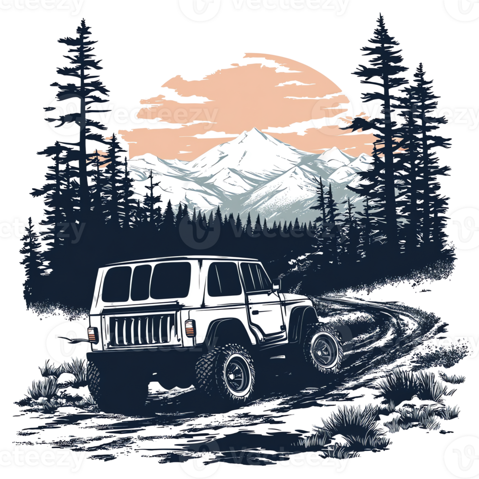jeep driving through the forest on a mountain road, with pine trees and mountains in the background png