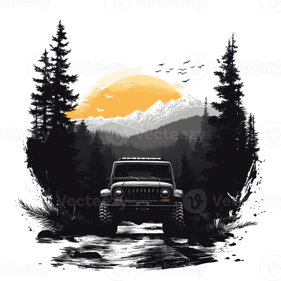 an image of a jeep driving through the forest with trees and mountains png