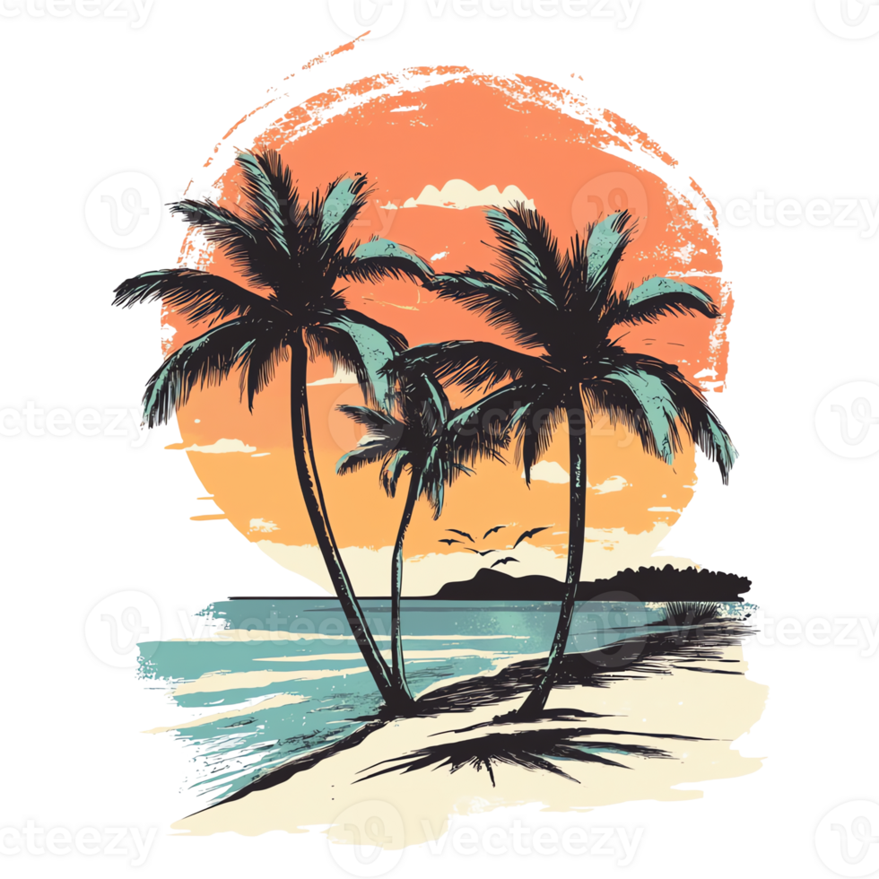 scene tropical beach with palm trees and sunset png