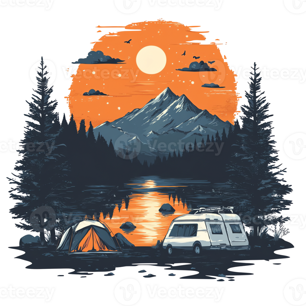 camping and nature illustration with mountains and trees png