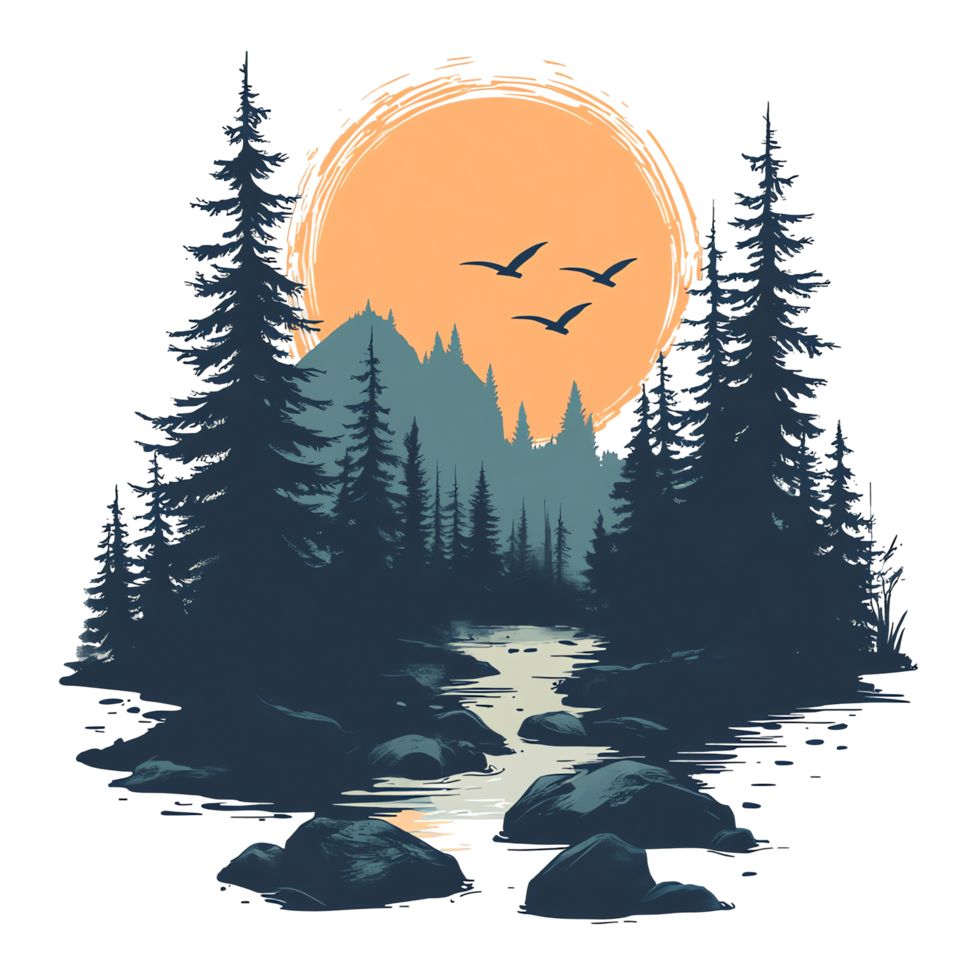 Serene Sunset River, Mountains, and Birds png