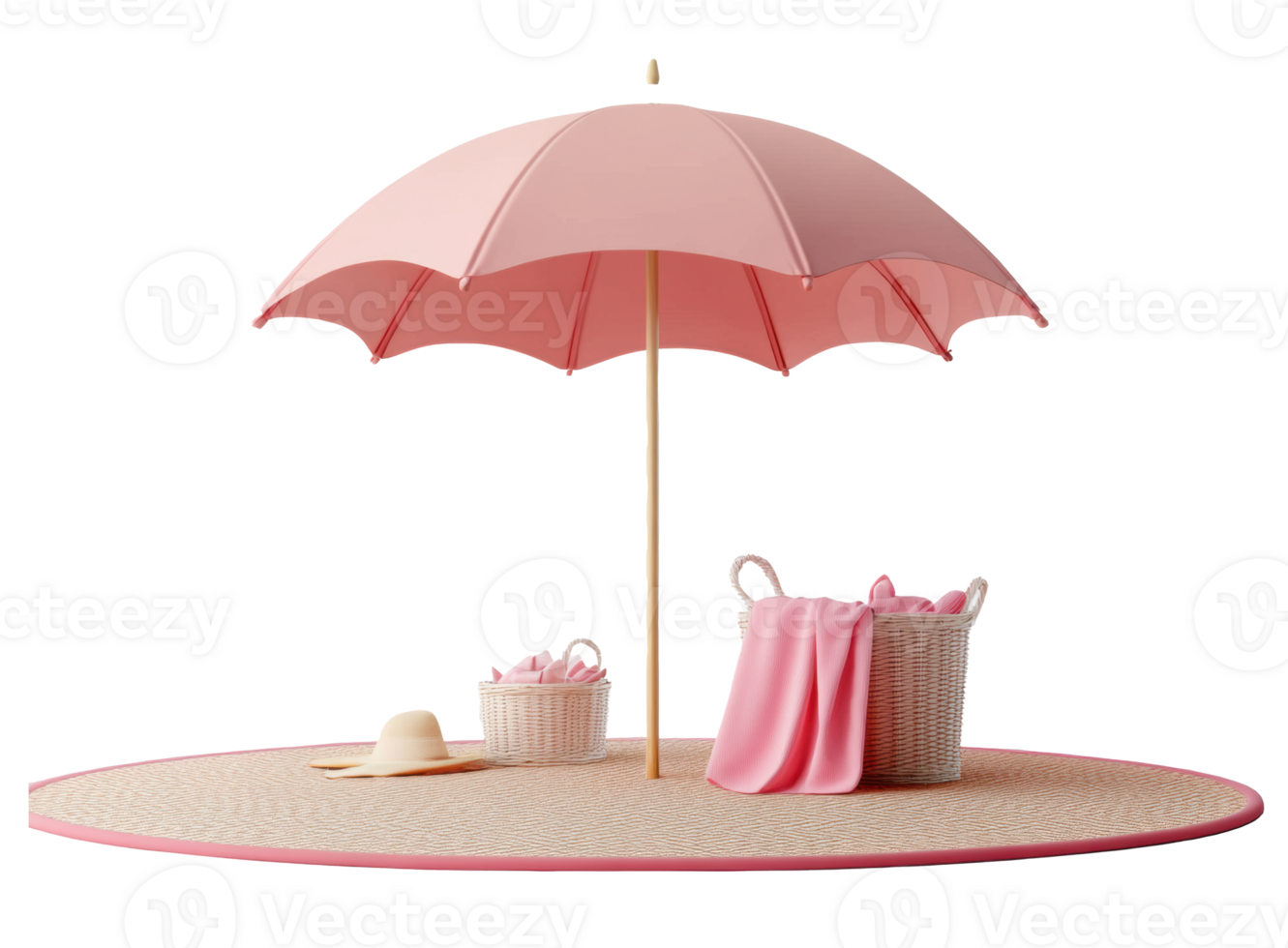Summer relaxation under a pink umbrella with beach essentials png