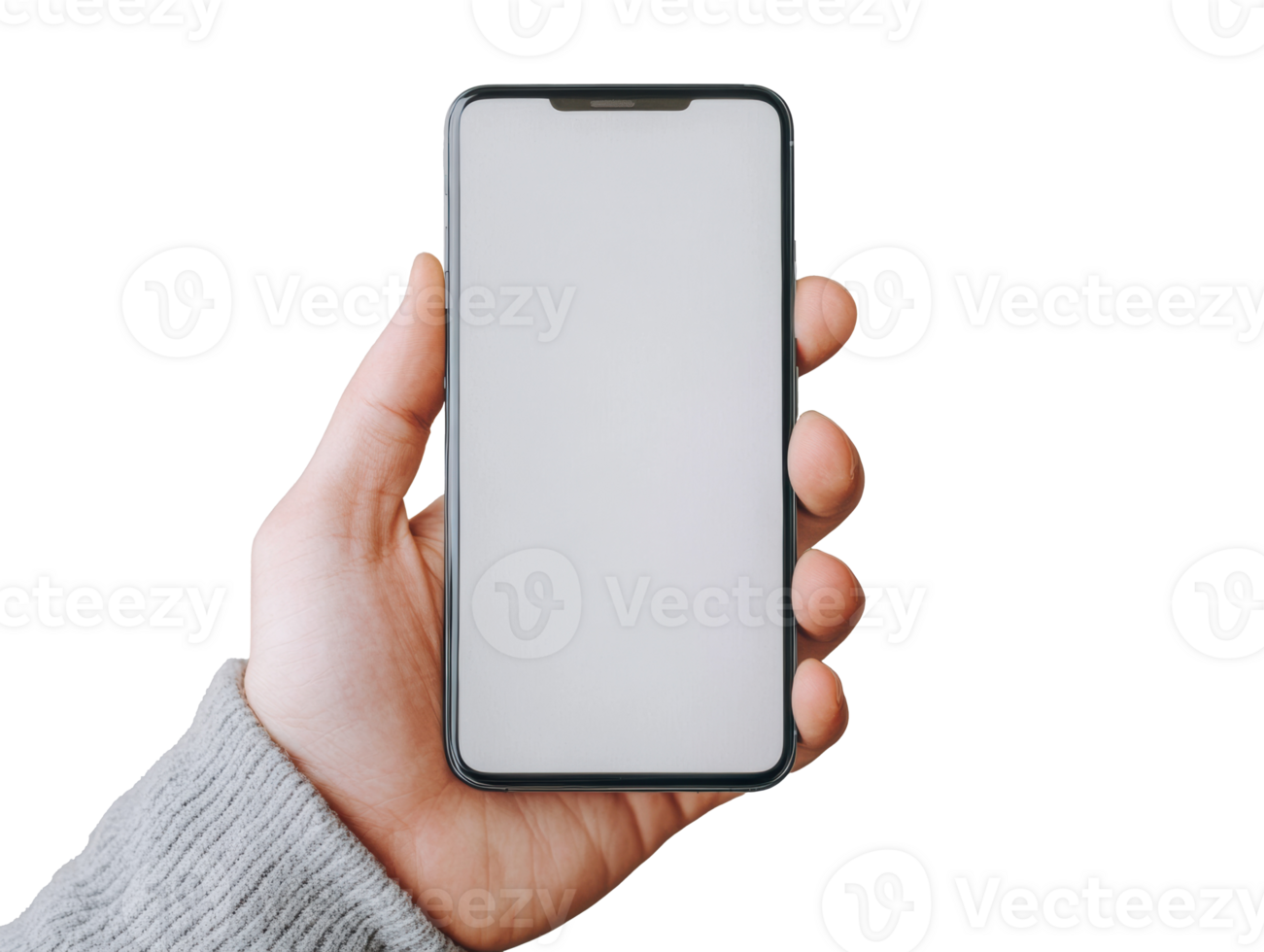 Hand holding a smartphone with blank screen for customization png